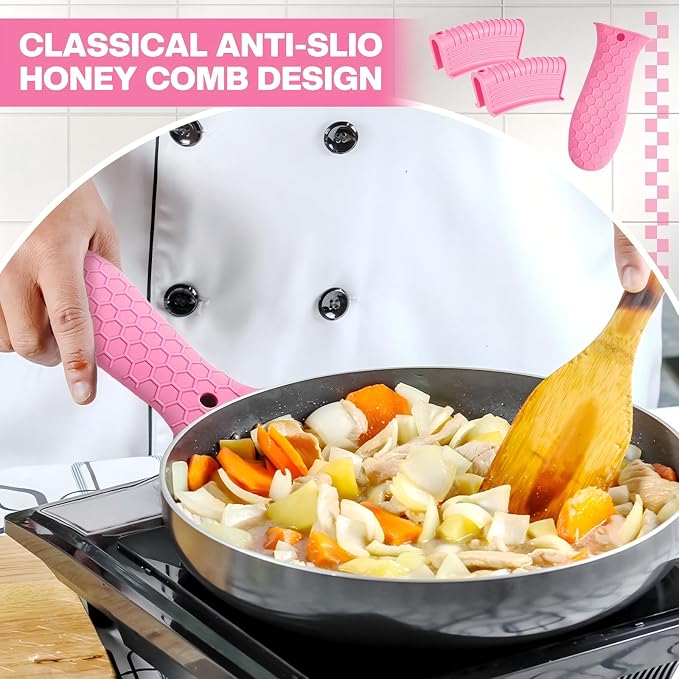 Patelai 8 Pcs Silicone Pot Holders Cast Iron Handle Cover Heat Resistant Pot Handle Covers Potholder Non Slip Reusable Pan Sleeve for Frying Pan Kitchen Supplies(Pink)