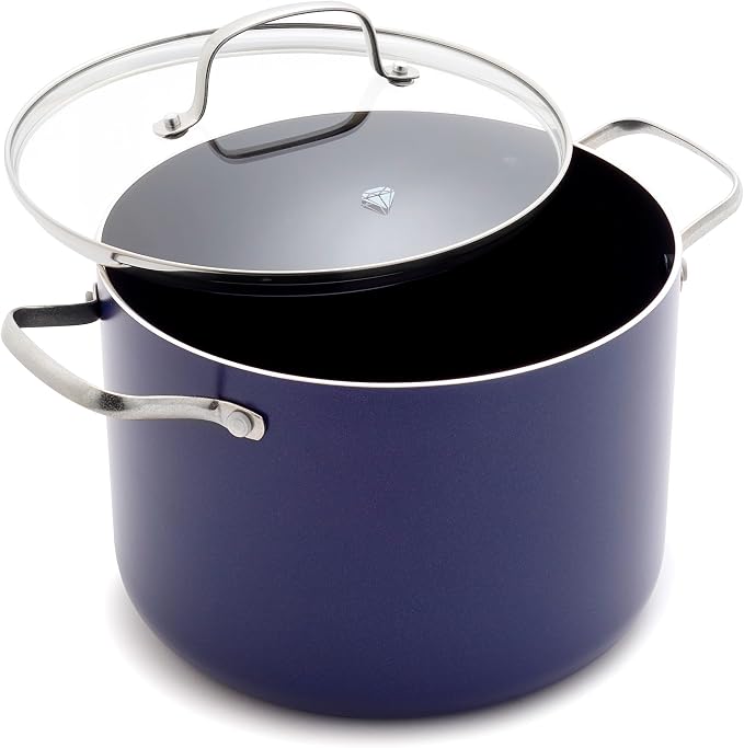 Blue Diamond 8QT Diamond Infused Ceramic Nonstick Stockpot with Lid, Blue | PFAS-Free Ceramic Nonstick Multipurpose Pot, Dishwasher & Oven Safe, Durable Metal Utensil Safe, Soups, Glass Lid