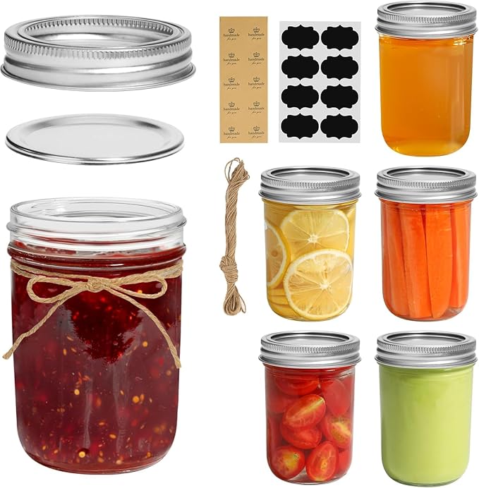 ComSaf 8 oz Mason Jars, 6 Pack Small Regular Mouth Glass Jars with Lids | BPA-Free Materials, Half-Pint Portions, Small Jam, Jelly, Honey Sample, Spice Rack, Meal Prep, DIY Candles, Labels and Twine