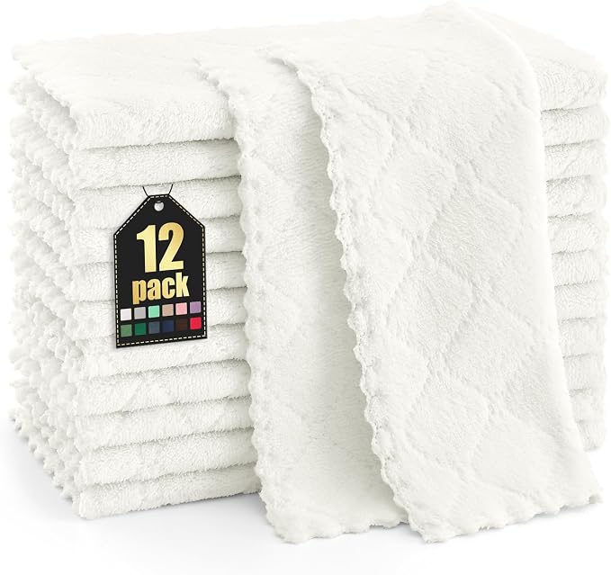 Homaxy 12 Pack Super Soft & Absorbent Dish Cloths, 10" x 10", White | Coral Velvet, Nonstick Oil Fast Drying Microfiber Cleaning Cloth, No Lint Household Dishcloths