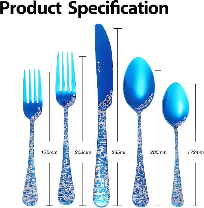 Wave Cutlery Set 20 Pieces Stainless Steel Flatware Set (All Blue) | Service for 4 Utensils For Home Kitchen Wedding Laser Engraved Dishwasher Safe