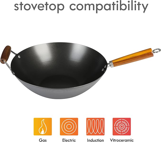 Kenmore Hammond 14-Inch Flat Bottom Carbon Steel Wok, Black, Durable Non-Stick Stir Fry Pan for Gas and Electric Stovetops