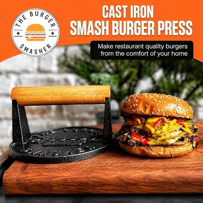 The Burger Smasher™ Pre-Seasoned Heavy Duty Cast Iron Smash Burger Press Kit - Heat Resistant Burger Smasher for Griddle, Food, Chef, Meat & Cooking Press, Hamburger Smasher - 30 Patty Paper
