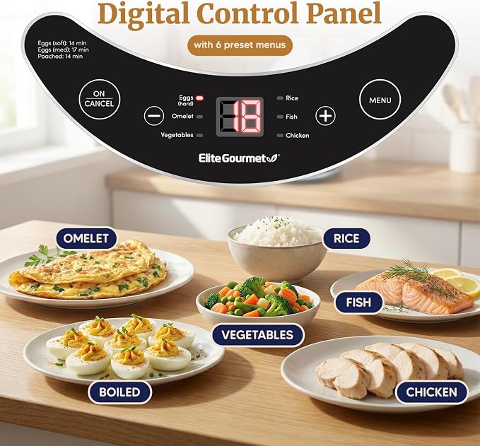 Elite Gourmet EGC314CB Digital Egg Cooker & Food Steamer, 14-Egg, Black | 6 programmed presets for poaching, omelets, and soft, medium, or hard-boiled eggs - 2-tier design with measuring cup