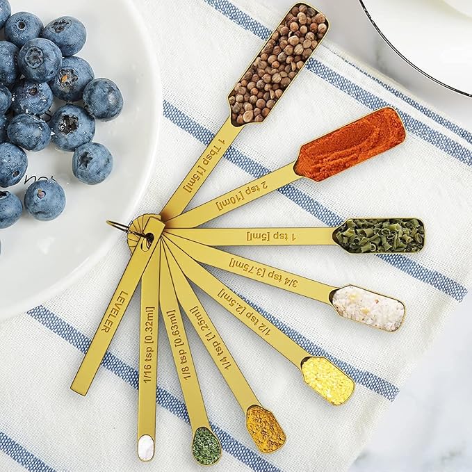 Wildone Gold Measuring Cups & Spoons Set of 21 - Includes 7 Stainless Steel Nesting Measuring Cups, 8 Measuring Spoons, 1 Leveler & 5 Mini Measuring Spoons, Ideal for Dry & Liquid Ingredients