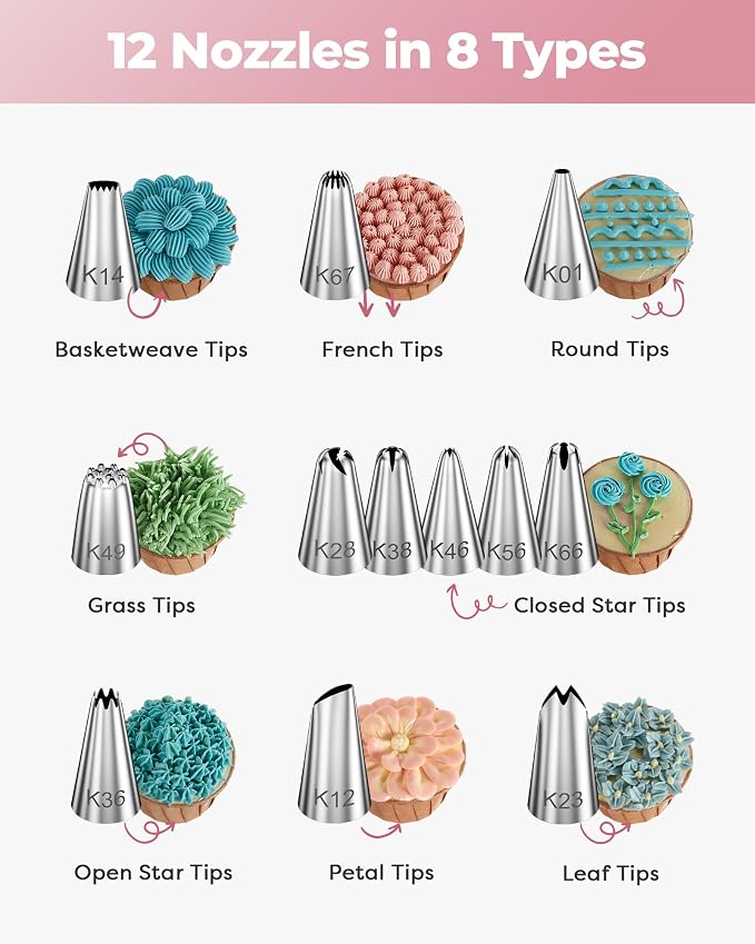 Kootek 71 Cake Decorating Kit Baking Supplies Tools for Beginners & Pros | Cake Stand Turntable, Icing Piping Tips, Disposable Reusable Pastry Bag, Spatulas, Video Tutorial, Pattern Chart
