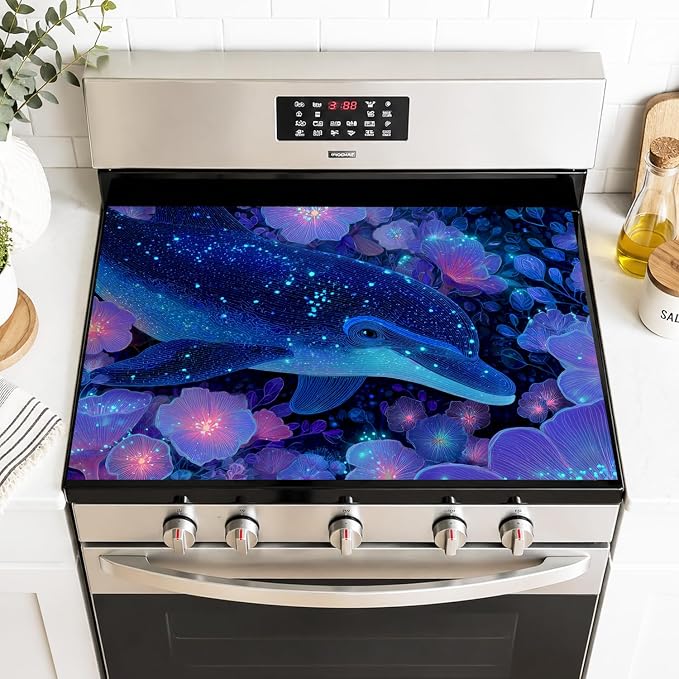 Glowing Dolphin Washer Dryer Top Cover Mat 28.35x20.47 in | Heat Resistant Cooktop Protector Mat with Non-Slip Backing, Scratch Protection and Countertop Drying Mat.
