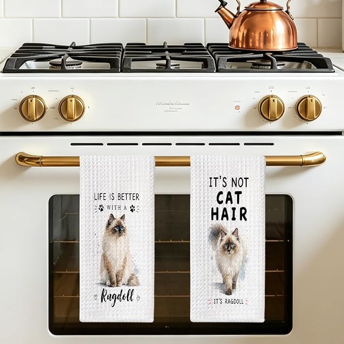 Jztco 2 Pcs Funny Cat Kitchen Towels, Cute Cat Gifts Reusable Hand Towels-1 | Cat Dish Cloths for Drying Dishes, Cats Waffle Dish Towels for Kitchen Bathroom Decor, Cat Lover Gifts for Women Grandma Mom