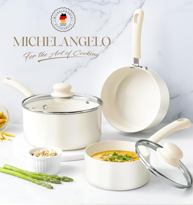 MICHELANGELO Nonstick Saucepan with Lid, Ceramic Sauce Pan Sets, Easy to Clean Sauce Pans, Multi-Purpose Cooking Pots, 1QT, White
