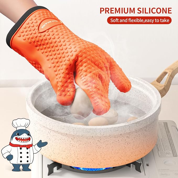 MAD SHARK Silicone Oven Mitts with Fingers Heat Resistant 450°F in Kitchen | Waterproof & Non-Slip Oven Gloves,Cotton Lined Silicone Kitchen Mitts for Baking Cooking Barbecue,Women (Orange)