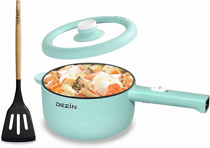 Dezin 2L Hot Pot Electric, Non-Stick Electric Pan, 700W Adjustable Power | Electric Pot for Cooking/Steak/Egg/Fried Rice/Ramen/Soup, Portable Pot for Dorm/RV/Family/Travel/Camping, Include Spatula