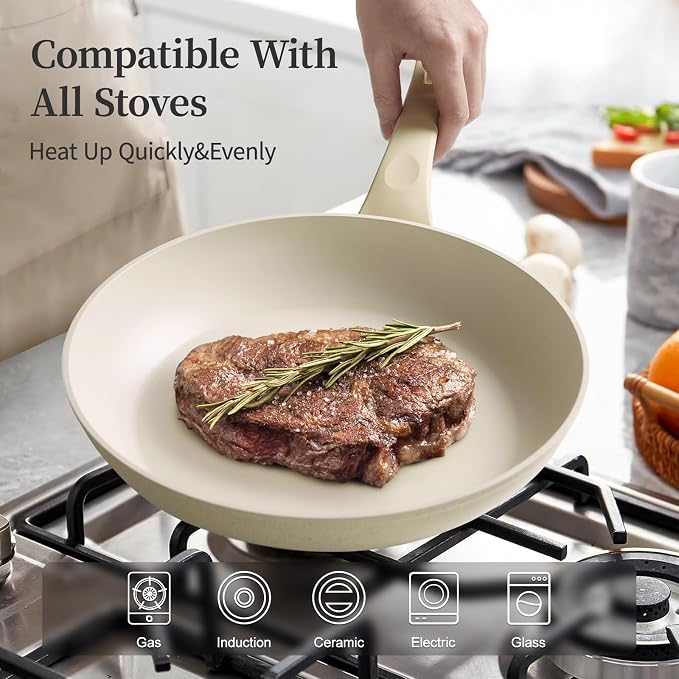 Innerwell Nonstick Ceramic Frying Pans Skillets Set with Lid 8"+9.5"+11" | No Toxic Egg Omelette Frying Pan, All Stove Compatible, Healthy Granite Induction Cooking Pan, PFOA & PFAS Free, Cream White