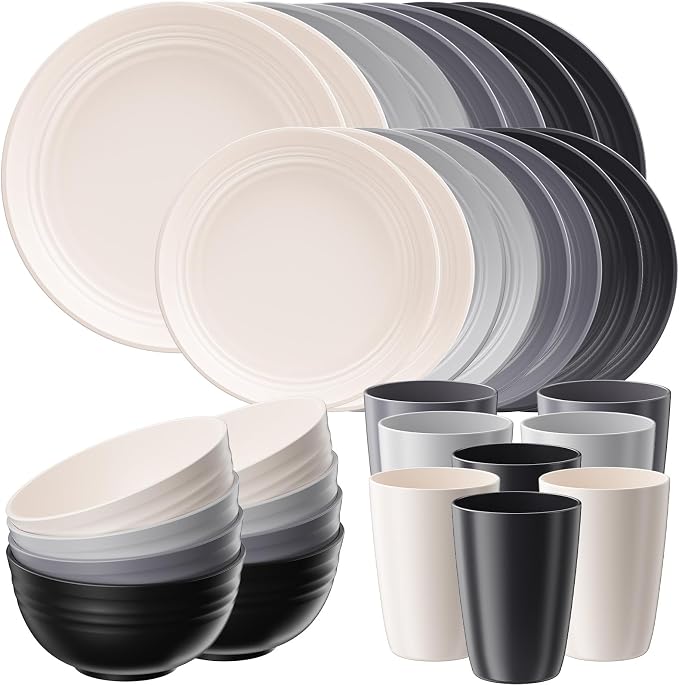 Quatish 32 Pcs Unbreakable Plates and Bowls, Plastic Dinnerware Sets for 8, Reusable Dish Set for Camping, Dishwasher Microwave Safe, Outdoor Kitchen and Apartment Dinning RV Essentials, Grey