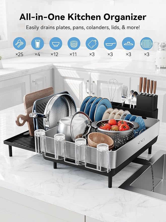 Large Dish Drying Rack, Expandable Dish Racks for Kitchen Counter, Space Saving 304 Stainless Steel Drying Rack Kitchen, Extra Large Drainer with Multifunctional Flip Up Pegs, Black