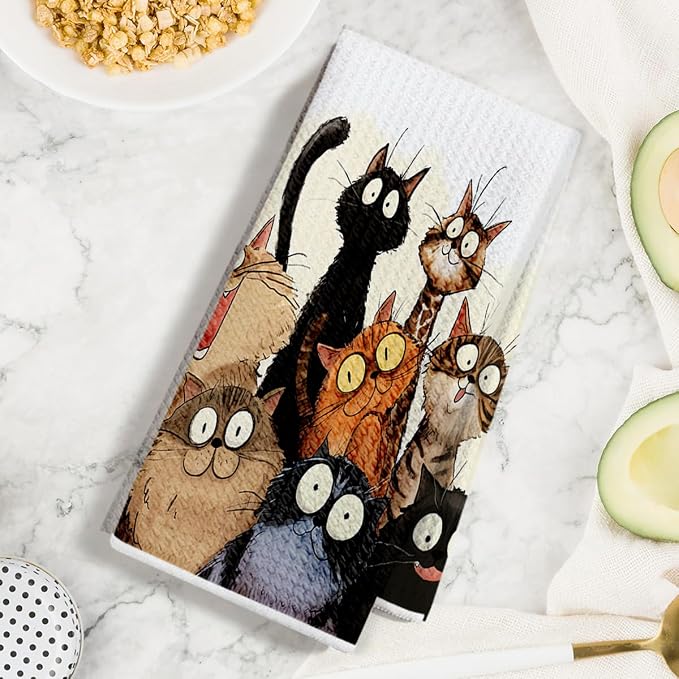 2 Pcs Cute Cat Kitchen Towels, Funny Cats Gifts Absorbent Hand Towels-01 | Cat Dish Cloths for Drying Dishes, Cats Waffle Dish Towels for Kitchen Home Bathroom Decor, Cat Lover Gifts for Women Mom