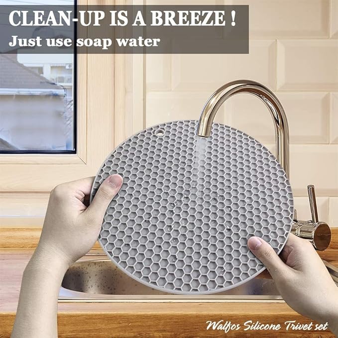 Walfos Silicone Trivet Mats - 4 Heat Resistant Pot Holders, Multipurpose Non-Slip Hot Pads for Kitchen Potholders, Hot Dishers, Jar Opener, Spoon Holder, Food Grade Silicone & BPA Free (Round)