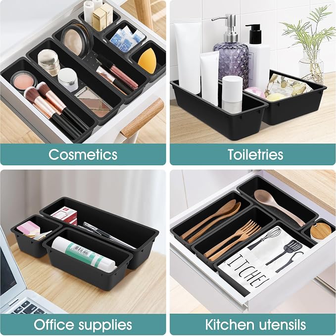 25 PCS Plastic Drawer Organizer Set, Makeup Organizers and Storage Bins | 4 Sizes Desk Drawer Divider Organizers and Storage Bins for Jewelry, Gadgets for Kitchen, Bedroom, Bathroom, Deep Black