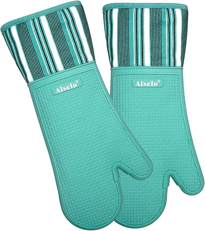Alselo Silicone Oven Mitts Set, Heat Resistant 550 Degree,7.5"x16" | Extra Long Kitchen Mittens,Waterproof & Non-Silp Oven gloves for Baking Cooking Barbecue Microwave (Extra Long Blue, 2)