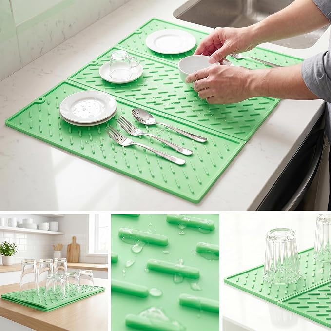 Green Silicone Dish Drying Mat for Kitchen Counter, Collapsible Trifold Large Dish Drainer Mat, Drying Mat with Hook, 24x16In Non-Slip Silicone Sink Mat, Easy to Clean