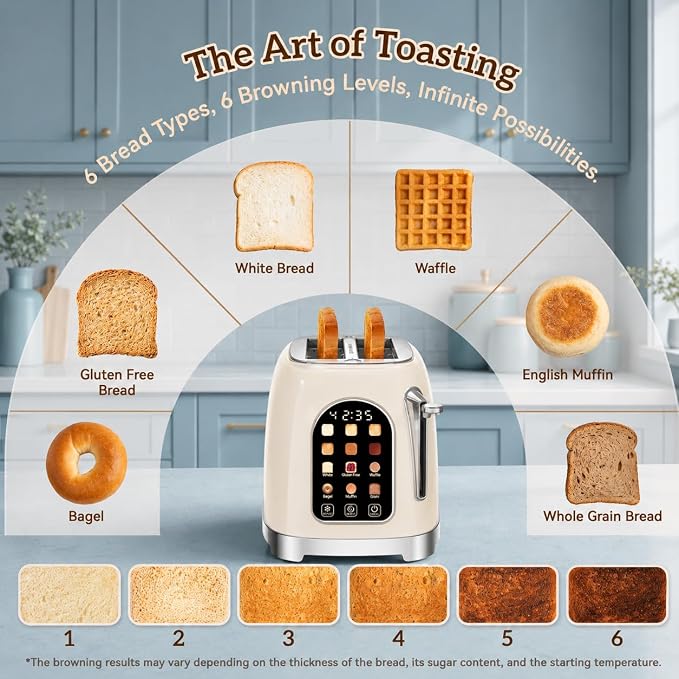 RONGBEST Retro 2 Slice Touchscreen Toaster with Stainless Steel Wide Slot for Breakfast Bread Bagel, Reheat & Defrost, 6 Browning Levels, Removable Crumb Tray, Cream Color