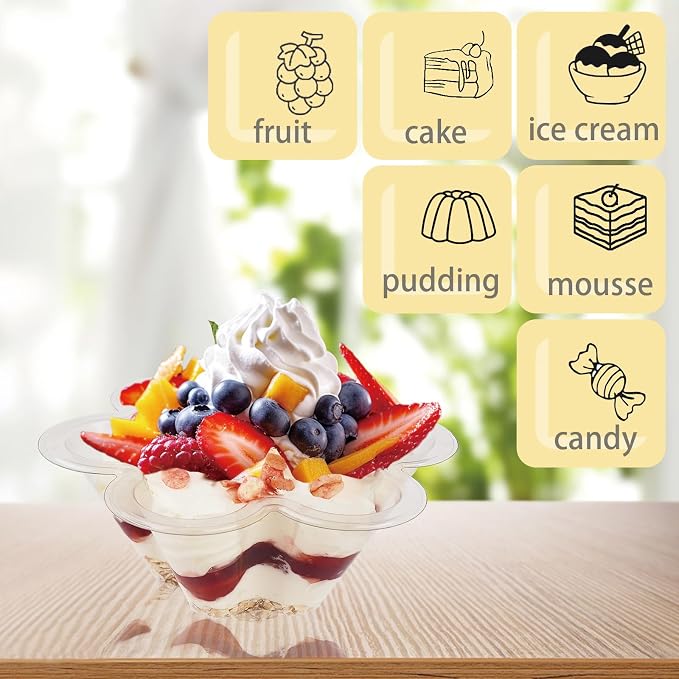8 oz Plastic Dessert Cups with Spoons, 100ct | Clear Flower Shaped Party Sundae Serving Bowls, Parfait Appetizer Cups for Ice Cream, Nuts, Salad