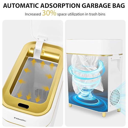 Pukomc 2.3 Gallon / 9L Automatic Adsorption Sensor Trash Can | White Gold Motion Sensor Garbage Bin with Suction, Slim Fashionable Design for Kitchen, Bathroom, Office & Small Space