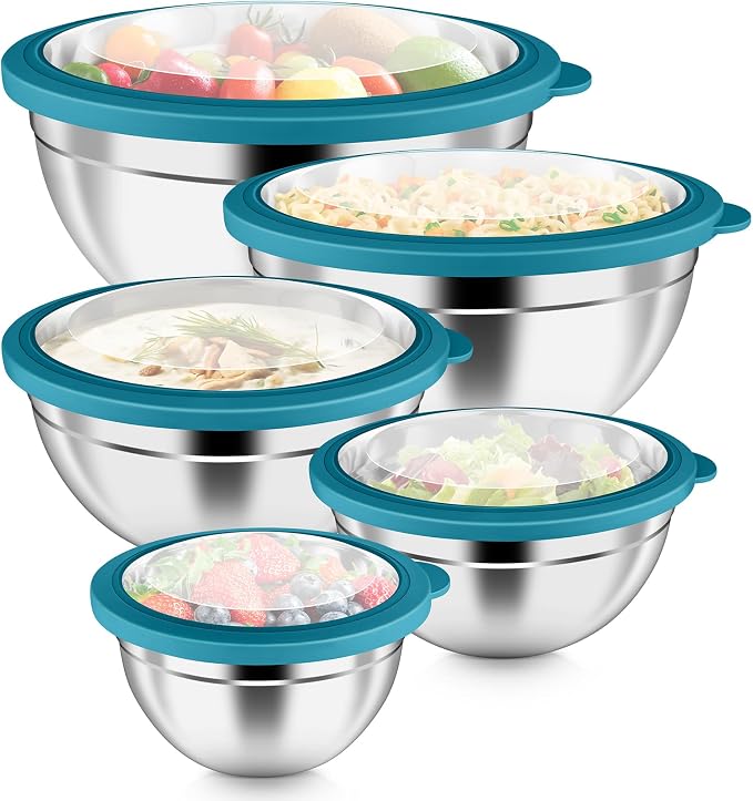 P&P CHEF Metal Mixing Bowls with Lids Set, Visible Airtight Lids & Blue | 5 PCS Stainless Steel Mixing Nesting Bowls for Kitchen Prepping, Storing, Healthy & Easy Clean, Size 4.6, 3, 1.5, 1, 0.7 QT
