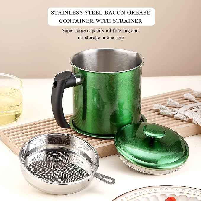 Kyraton Bacon Grease Container With Strainer, 48 oz Metal Shining Green Coating Oil Container, Pot Fat Storage With Lid, Easy Grip Handle Suitable For Storing Frying Oil And Cooking Grease