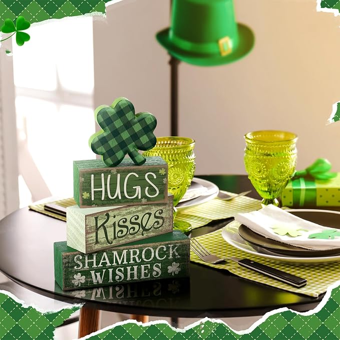 Lineshading 4 Pcs Shamrock Wooden Block Signs for Tiered Tray Home Decor | Rustic Farmhouse Table Ornaments, Buffalo Plaid Clover Topper, Stacked Signs Hugs Kisses Shamrock Wishes, St Patrick Decor