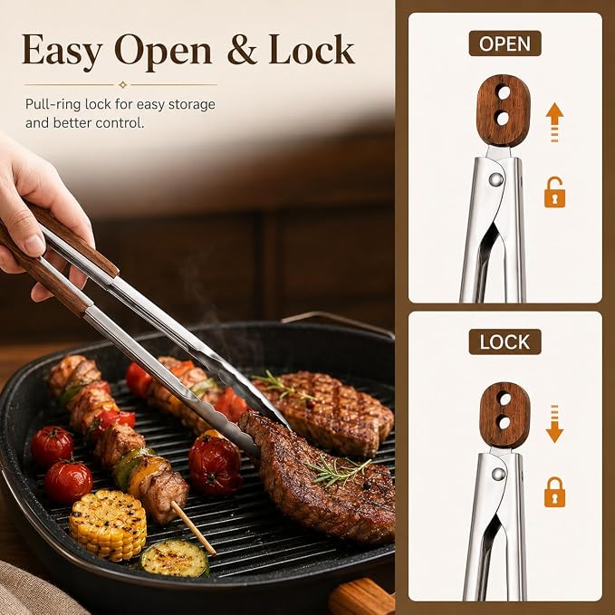 Walnut Wooden Tongs for Cooking - Salad Tongs for Serving Food(12"+15") Stainless Steel Kitchen Tongs for BBQ Grill, Wood Tongs Set