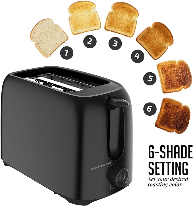 OVENTE Electric 2 Slice Toaster Machine with 6-Shade Browning Selector Setting,Compact Design &Removable Crumb Tray,700W Power Perfect for Toasting Bread,Thin Bagels &Waffles,Black TP2210B,(Pack of 6)
