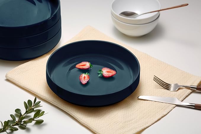 KooK Ceramic Large Pasta Bowls, Microwave and Dishwasher Safe, Great for Soups and Salads, Shallow Serving Bowls, Glossy Porcelain, 47 oz, Set of 4, Navy Blue