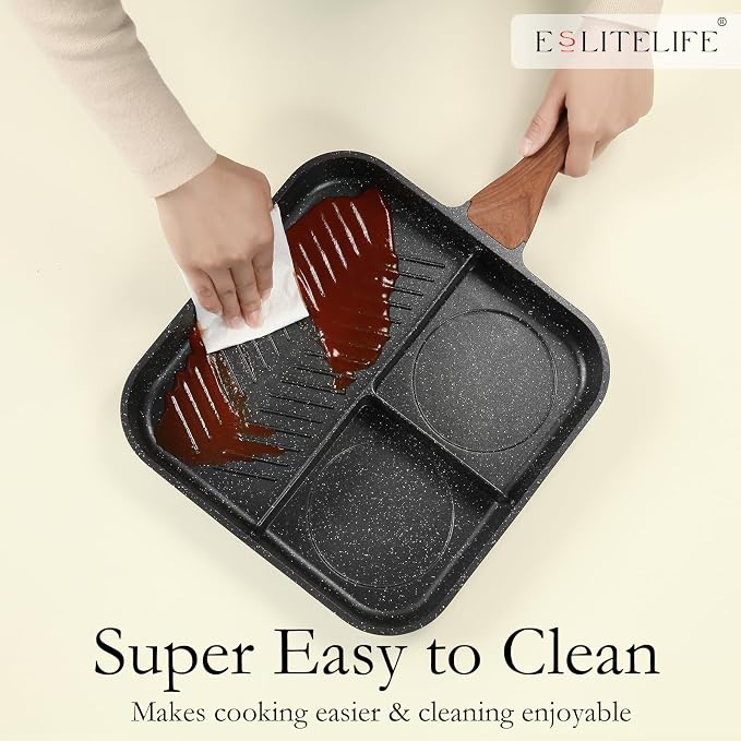 ESLITE LIFE Nonstick Divided Grill Pan for Stove Tops, 11 Inch Versatile 3-In-1 Breakfast Pan, Square Big Grilling Steak Pan for Indoor & Outdoor Cooking, PTFE & PFOA Free, Black