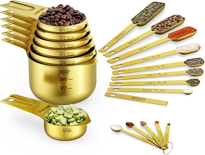 Wildone Gold Measuring Cups & Spoons Set of 21 - Includes 7 Stainless Steel Nesting Measuring Cups, 8 Measuring Spoons, 1 Leveler & 5 Mini Measuring Spoons, Ideal for Dry & Liquid Ingredients