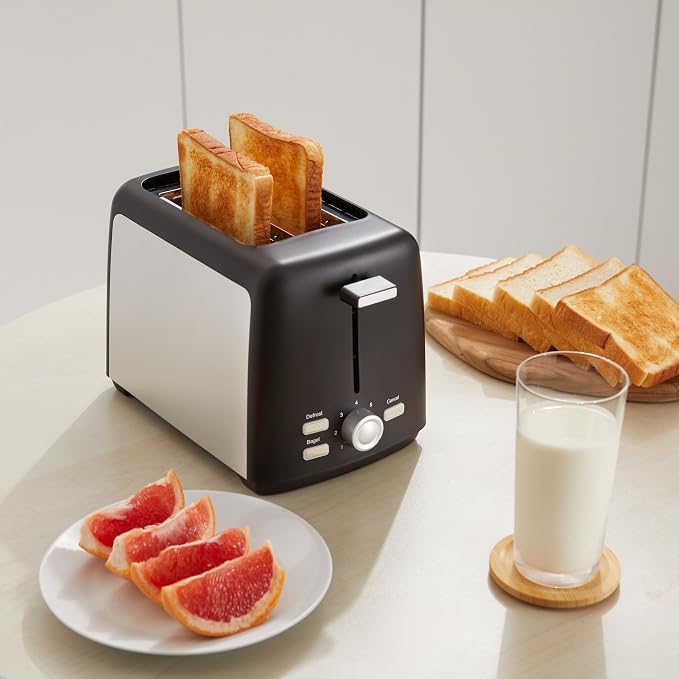 Amazon Basics 2 Slice Toaster, Extra Wide Slots for Bagels and Specialty Breads, 7 Browning Levels, Removable Crumb Tray, Defrost/Cancel/Bagel Buttons, 800W, Black & Silver