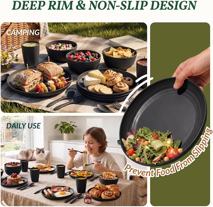 Wheat Straw Dinnerware Sets, Homienly 20pcs Unbreakable Microwave Dishwasher Safe Tableware Lightweight Bowls, Cups, Plates Set Reusable Dinner Plates Bowls set (Matte Black)