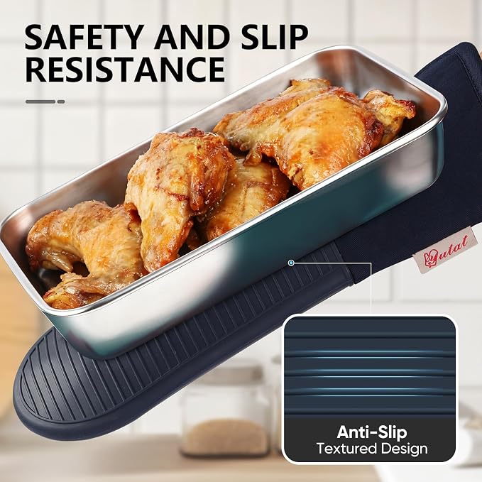 YUTAT Silicone Oven Mitts,High Heat Resistant Up to 500 Degrees,Waterproof Cooking Gloves with Soft Polyester Filling,Kitchen Potholder Set - Perfect for BBQ,Baking and Cooking,2 Pcs Set(Deep Blue)