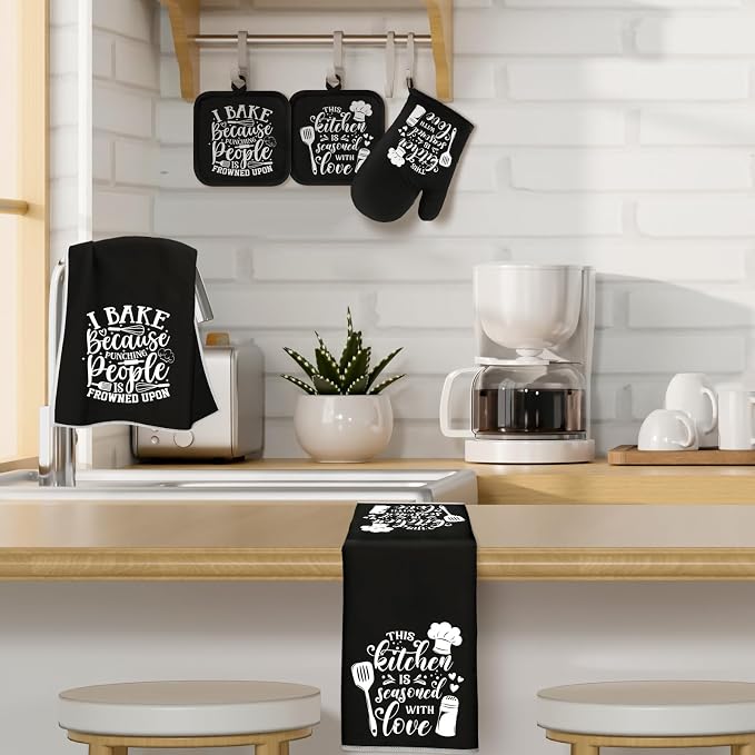 Sratte 6 Pcs Kitchen Decor Accessories Set Set, Baking, Black | Farmhouse Kitchen Towels Pot Holders Oven Mitts Set 2 Dish Towels 2 Potholders 2 Cooking Mittens for Baking Cooking Supply