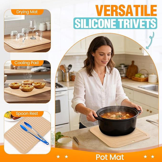 Silicone Trivets for Hot Pots and Pans - 2 Heat Resistant Pot Holders Silicone Trivet Mat Multipurpose Counter Pads (Beige)