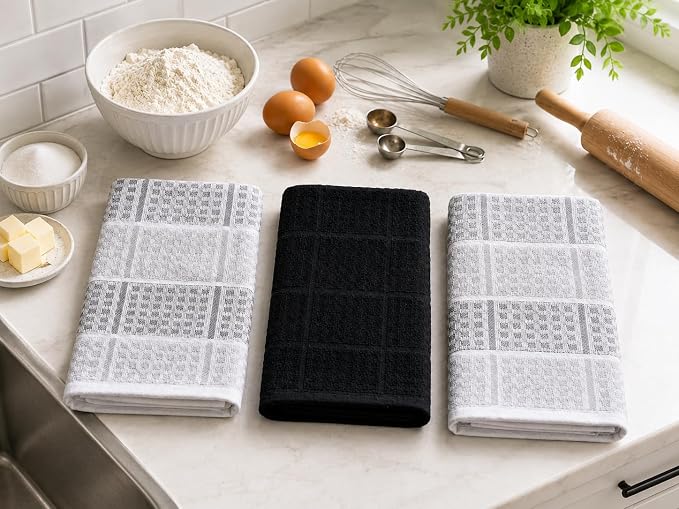 Black Gray Kitchen Dish Towels- Set of 3 100% Cotton Cloth Soft Cleaning Drying Absorbent Textured Honeycomb Weave- Oversized 28" x 18" Multipurpose Towels for Everyday Use