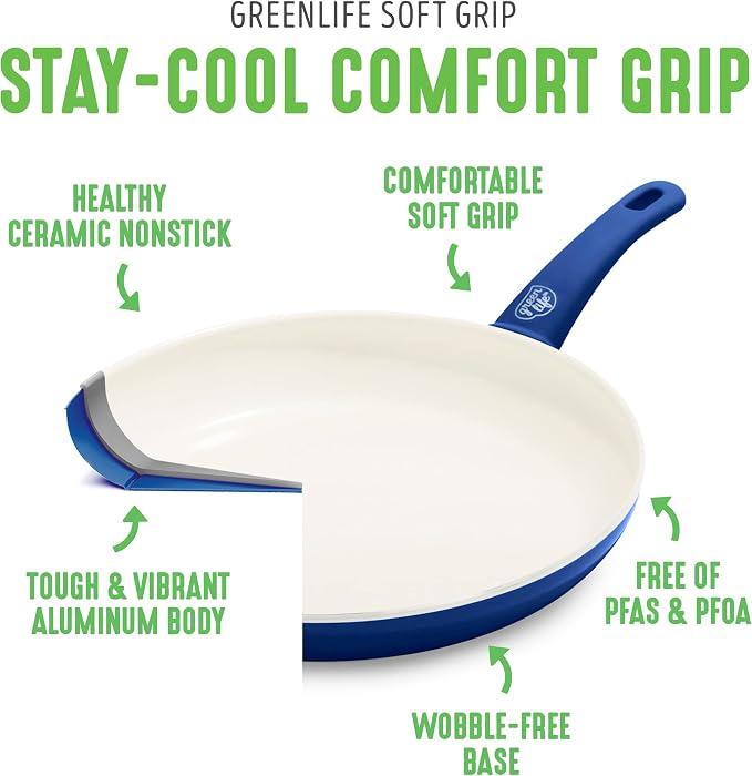 GreenLife Non Stick Fry Pan Set (7" & 10"), Non-Toxic PFAS-Free Ceramic Skillets, Dishwasher & Oven Safe, Egg Omelet Frying Pans, Stay- Cool Handles, Kitchen Home Cooking Essentials, Blue