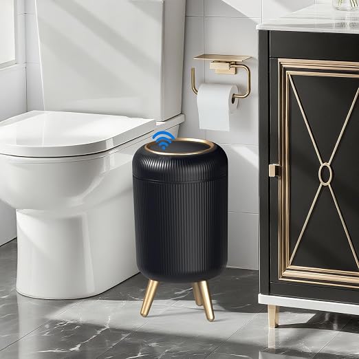 Automatic Motion Sensor Trash Can Bathroom,3 Gallon,Black and Gold | Touchless Trash Bin with Lid and Legs,Auto Diaper Garbage Can,Smalll Plastic Wastebasket for Office,Bedroom,Toilet,Kitchen
