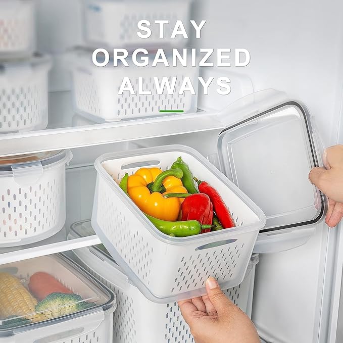 Fruit Storage Containers for Fridge with Removable Colander 4 PCS | Airtight Food Storage Container Dishwasher Safe Produce Saver for Refrigerator Keep Berry Fruit Fresh Longer Small Clear