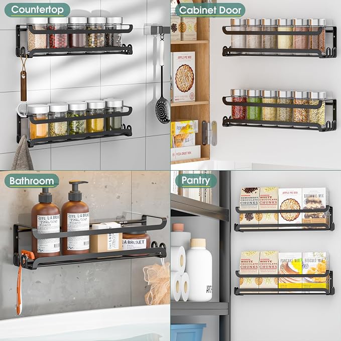 LUCYCAZ 4 Pack Wall Mounted Spice Rack for Kitchen Cabinet,RV,Camper,Black | 16 Metal Hooks, Space-Saving,Screw or Adhesive Spice Shelf Hanging,for Pantry Door Spice Jars & Seasonings,11.41×2.75×2.36in