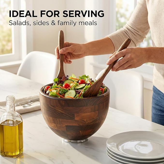 Walnut Wooden Mixing Bowl Compatible with 4.5 & 5 QT Tilt-Head Stand Mixers, 5 Quart Natural Wood Dough Bowl for Baking, Kitchen Prep & Serving