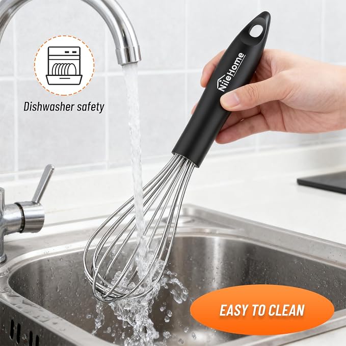 NileHome Silicone Whisk 10", Kitchen Whisk Kitchen Wisk Wire Whisks for Cooking, Whisking, Blending, Beating, Stirring-Black Silver