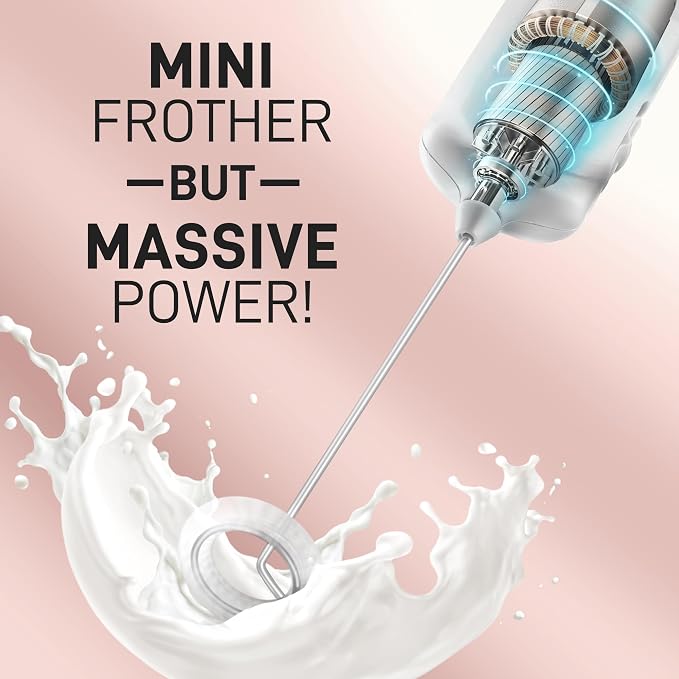 Mini & Mighty Milk Frother Wand – Powerful Handheld Coffee Frother, Battery Operated Drink Mixer – Compact Pocket Size – Detachable Whisk for Latte, Cappuccino, Matcha, Hot Chocolate
