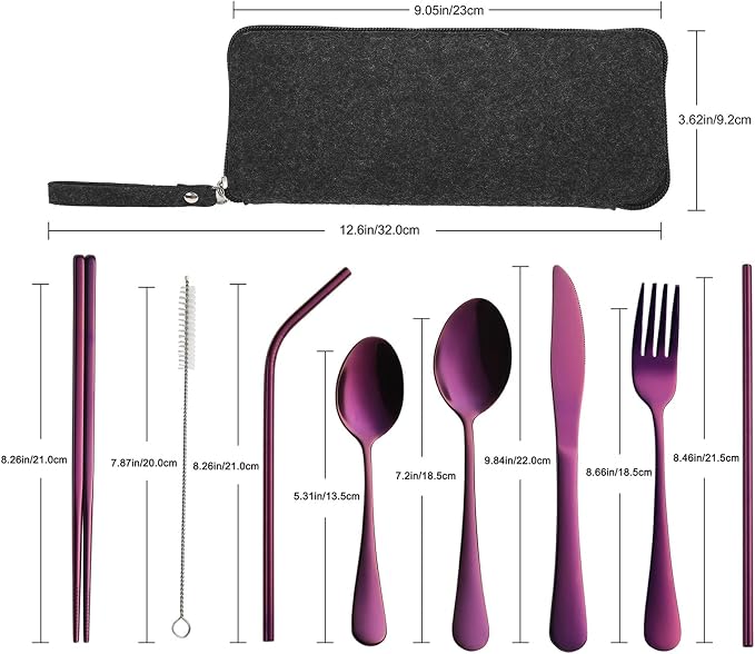 VANDBAO Portable Travel Utensils, Reusable Silverware with Case for Fixing Tableware, 9 Pieces Stainless Steel Stable Flatware Set, Camping Picnic Cutlery Set (Purple Set)