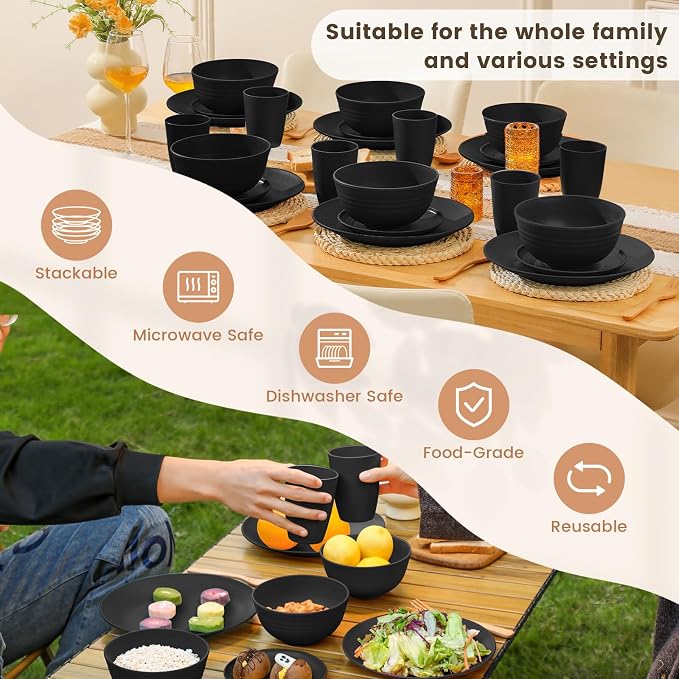 24-Piece Wheat Straw Dinnerware Sets,Service for 6 - Cups, Plates and Bowls Sets,Reusable Dishwasher and Microwave Safe Melamine Dinnerware Set for Home,Camping,RVs - Black
