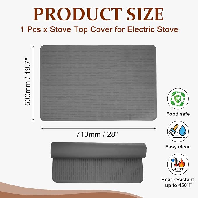 PATIKIL 28 x 20 Inch Stove Top Cover for Electric Stove, 1Pcs Silicone Stripe Mat for Glass Top Cover Non-Slip Glass Cooktop Protector for Kitchen Oven Dish Drying Mat, Light Gray